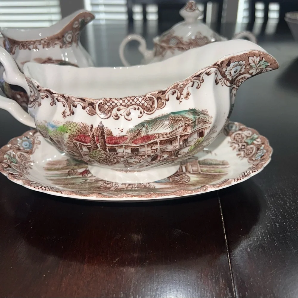 Johnson Brothers Heritage Hall Gravy Boat & Under Plate, Sugar And Cream Bowl